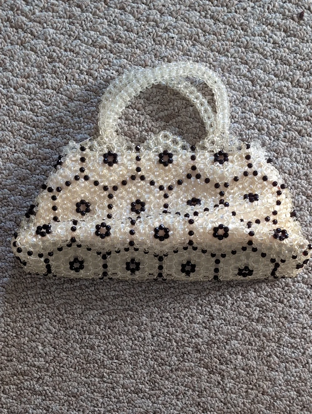 Handmade Beaded Floral Accent Tote - Cream and Black